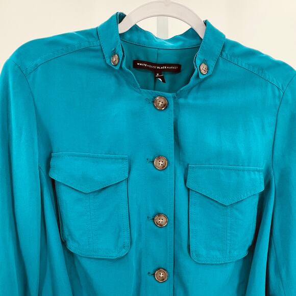 WHBM Aqua Blue Button Up Lightweight Drawstring Waist Bold Vivid Shirt Jacket 8 - Picture 5 of 12